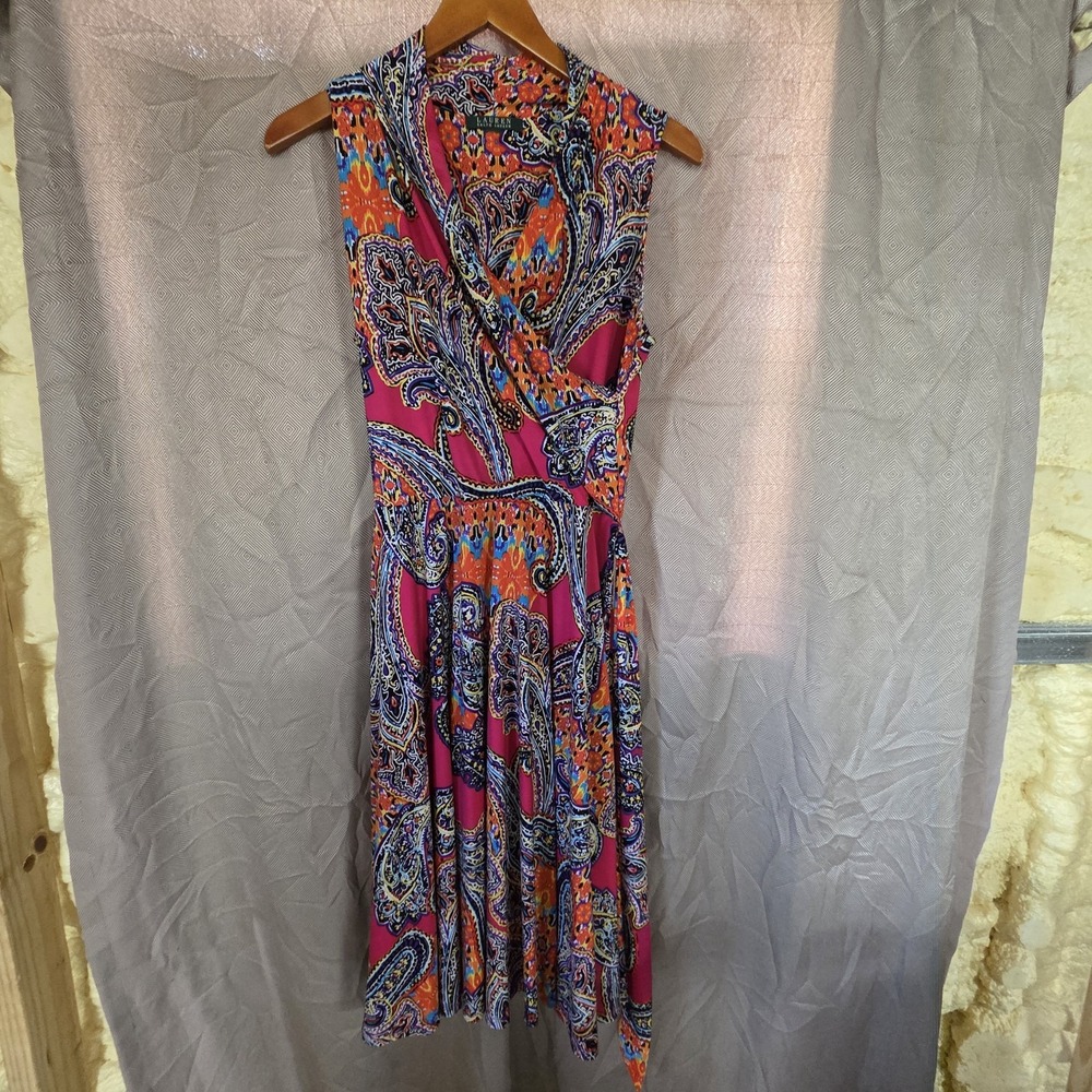 Lauren Ralph Lauren Dress Womens Small Multicolor Paisley Sleeveless Wrap Midi